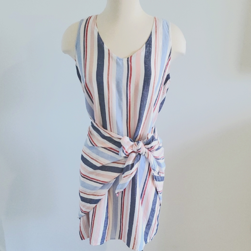 DREW women’s  Striped shift Dress With self belt Wrap Waistline Size L EUC